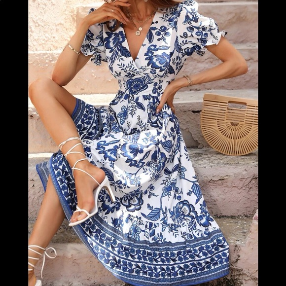Boho Bohemian Gypsy Floral Print Puff Sleeve  Surplice Neck Dress White Blue - Picture 2 of 9